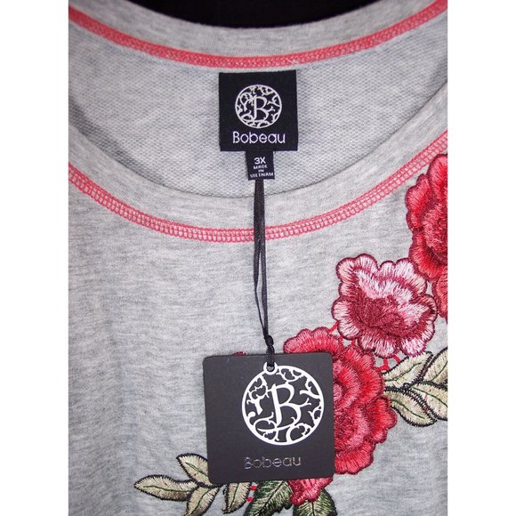 NEW Bobeau 3X Top Rose Applique Cold Shoulder Long Sleeves Heather Gray NWT - Picture 11 of 13